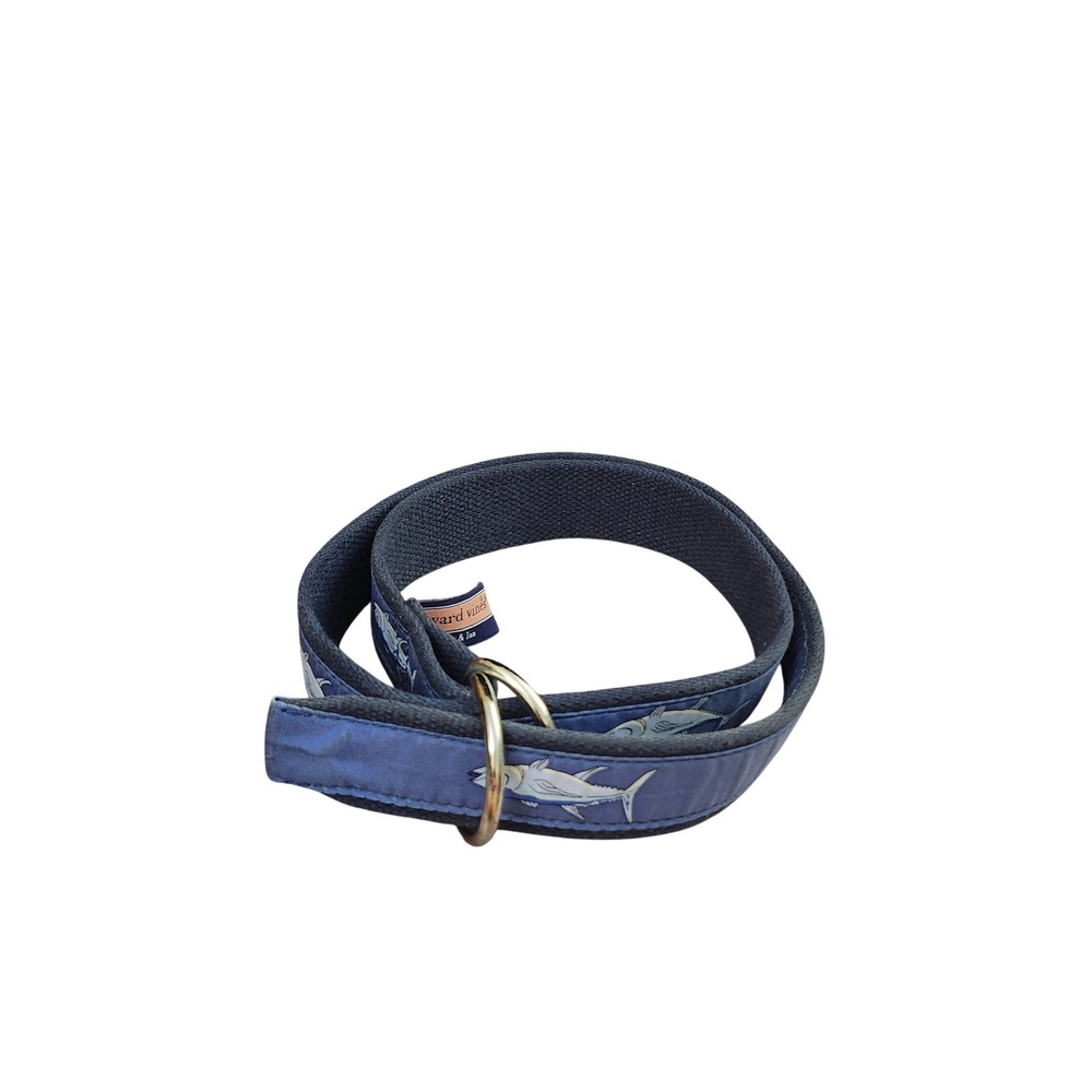 Vineyard Vines Mens Navy Blue Tuna Fish Print Canvas D-Ring Belt Size Medium